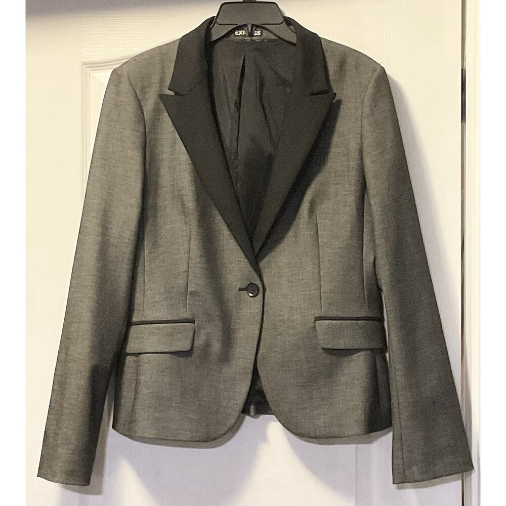 Express Women’s One Button Blazer Size 14, Gray with Black Lapel